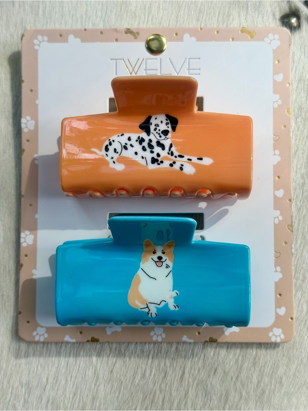 Twelve Dog Print Hair Clips 2pc Set Dalmatian Corgi Acrylic Claw Whimsy Gift NWT